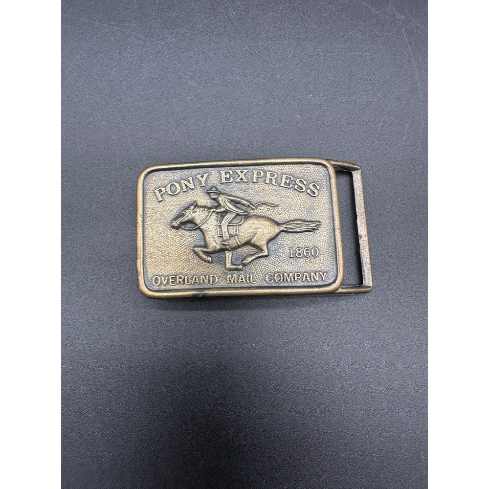 Pony Express Overland Mail Company Belt Buckle Brass Tone Western Horse Rider